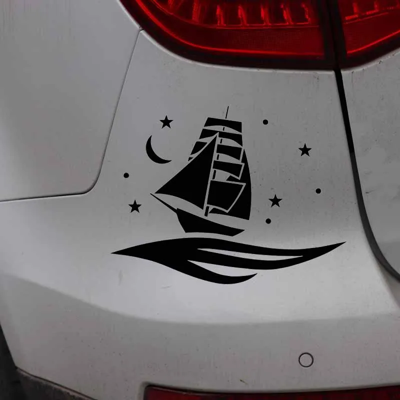 YJZT 16.4CM*12.3CM Boat Ocean Sea With The Stars And Moon Vinly Decal Decor Art Car Sticker Black/Silver C27-0413 | Автомобили и