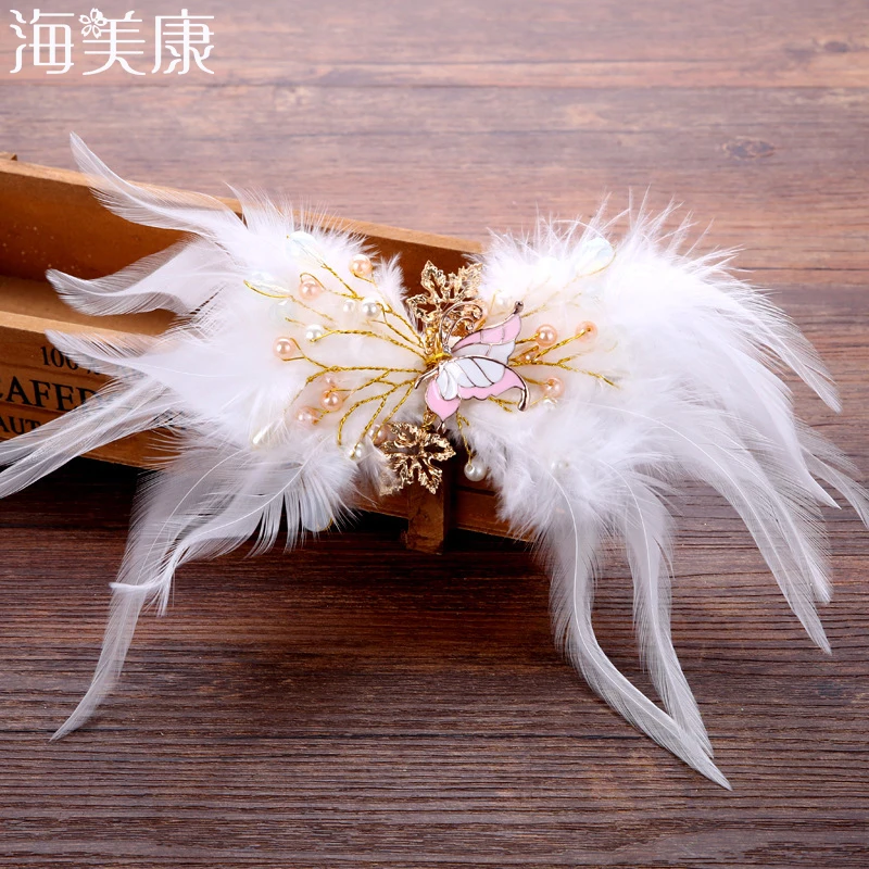 

Haimeikang 2021 White Hair Accessories Woman Hair Decoration Wedding Party Barrettes Hair Clip Bridal Wedding Feather Headdress