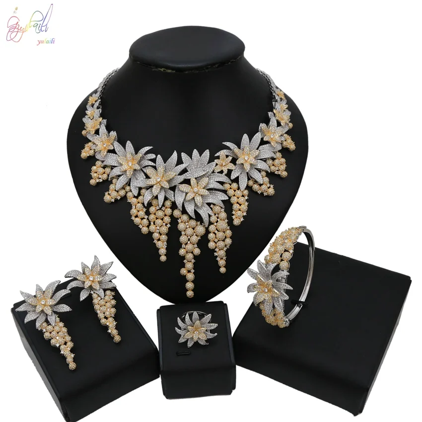 Silver Yulaili новые роскошные Искрящиеся блестящие кубического циркония прозрачное ожерелье серьги Свадебные Ювелирные наборы платье аксессуары - Окраска металла: Silver