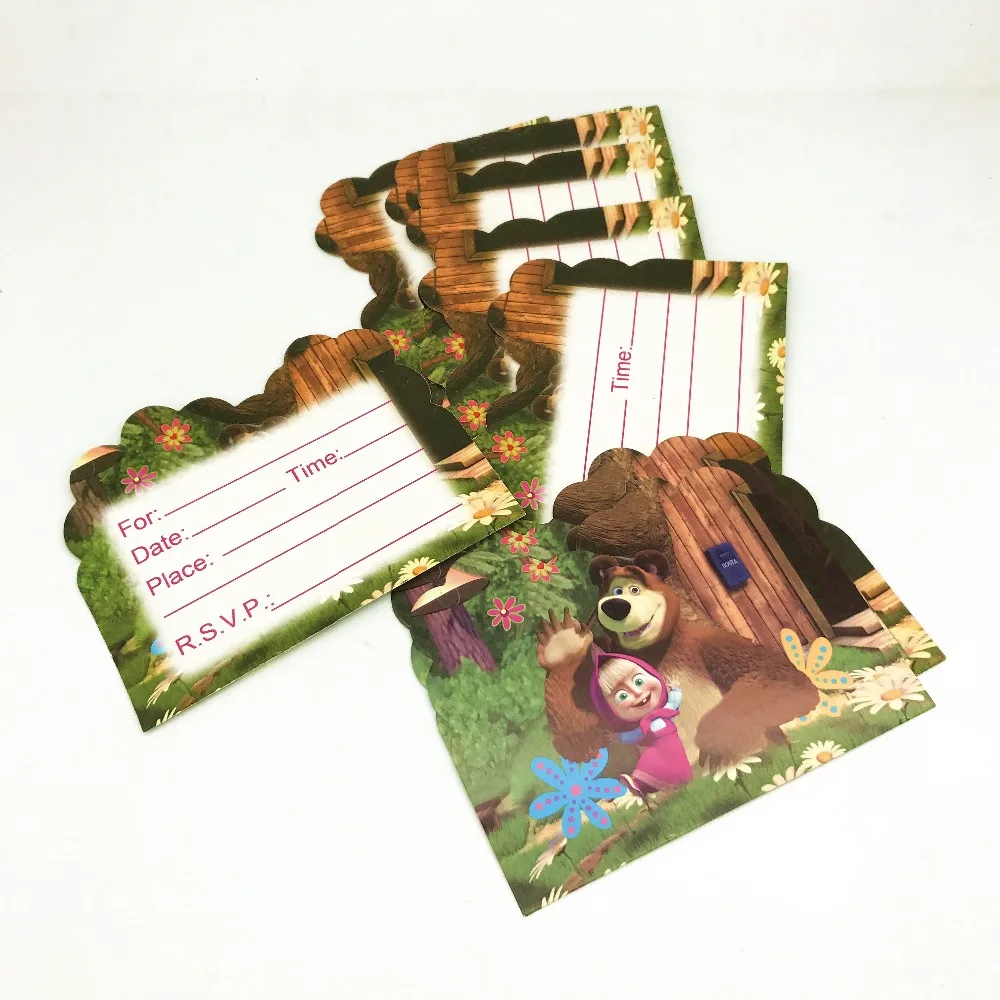 cards-10pcs Маша и Медведь тема для детей, для девочек, подарочный набор для дня рождения, вечерние, милые чашки, тарелки, маски, одноразовые столовые приборы для малышей - Цвет: cards-10pcs