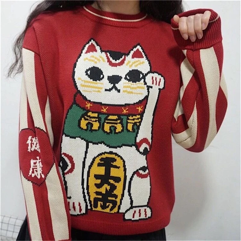Веселые милые женские красные свитера с изображением из мультфильма Lucky Cat с вышивкой Harajuku Kawaii вязаный пуловер зимний свитер с длинным рукавом и круглым вырезом
