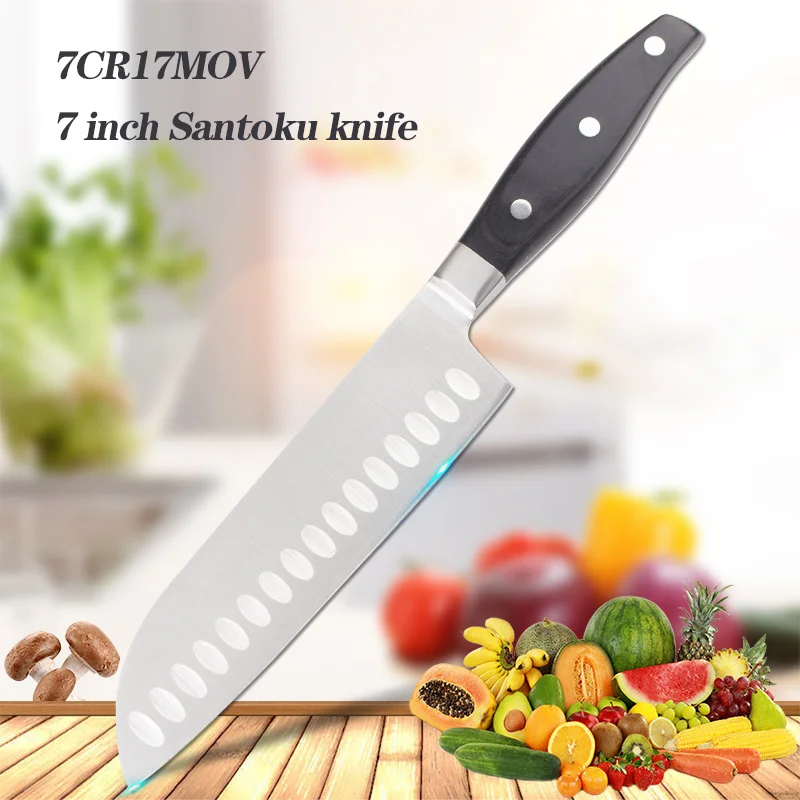 Острые кухонные ножи Santoku 7 дюймов с черной витражной деревянной ручкой