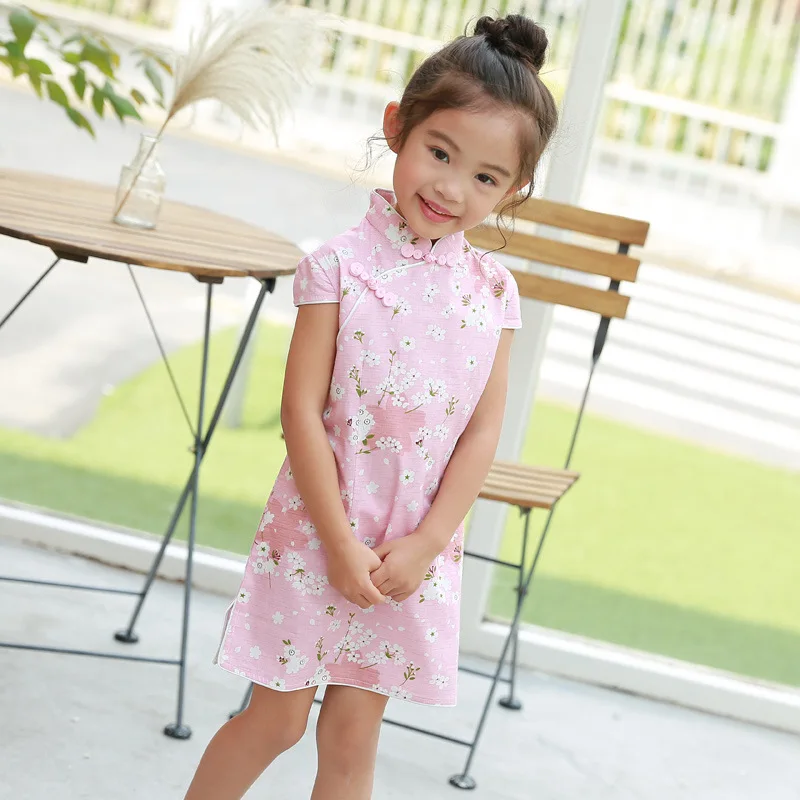 Летние хлопковые льняные Cheongsam с короткими рукавами для девочек; qipao; размеры От 2 до 10 лет