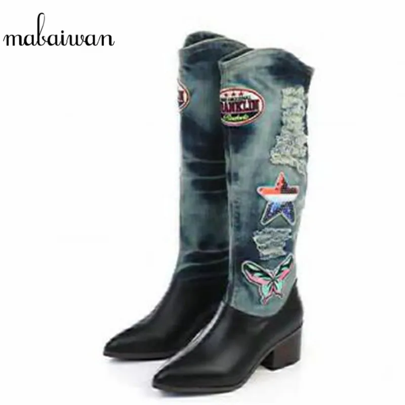 

Mabaiwan 2017 Fashion Pointed Toe Women Knee High Boots Spring Autumn Patchwork Slip On Denim Long Botas Fringe Botines Mujer
