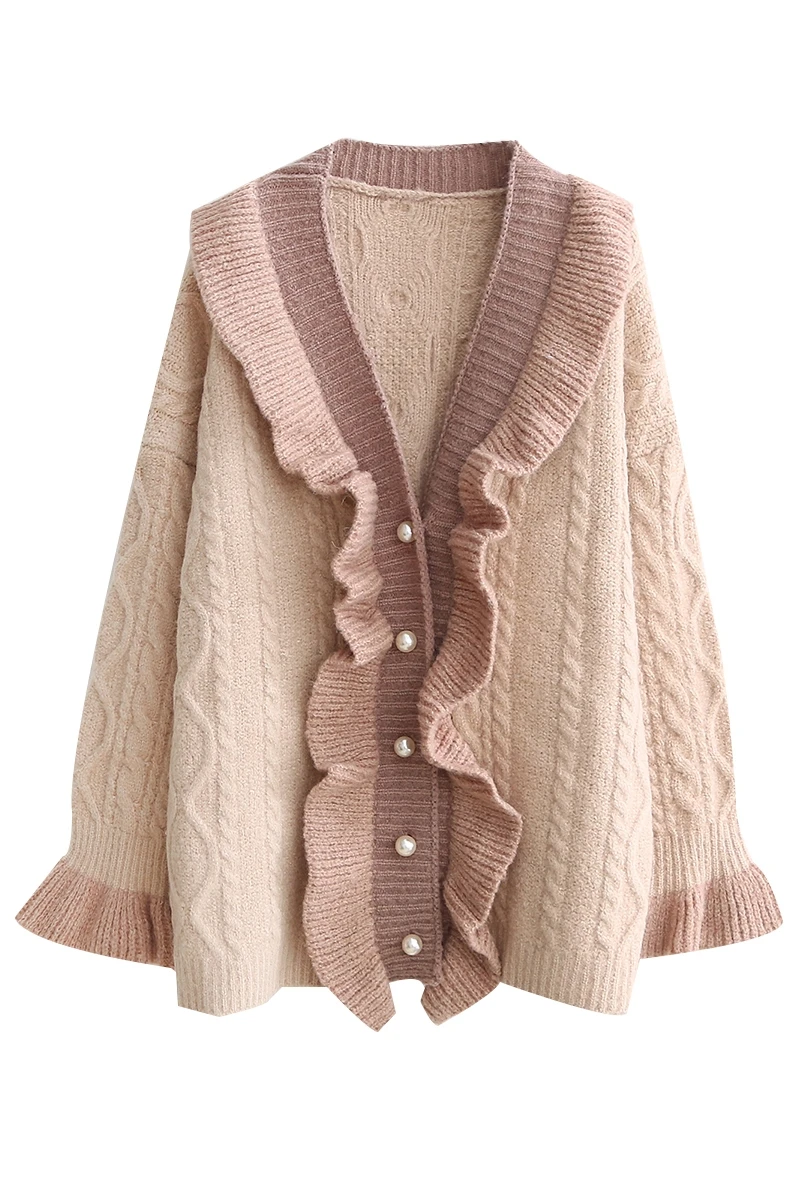 Autumn Oversized Sweater Cardigans Winter Cute Ruffles Women Warm Knit Coat Plus Size Pearl Button Twist Loose Female Jacket |