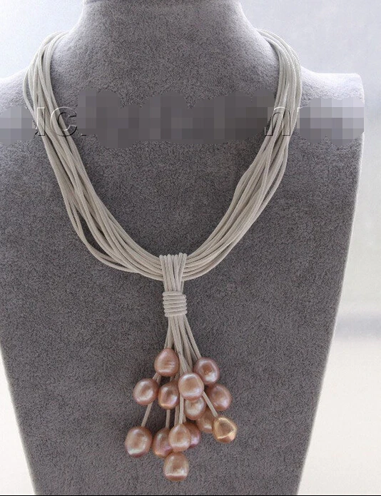 

shippingChoker 16" 15row 14mm pink-purple pearls white leather Pendant necklace j9547