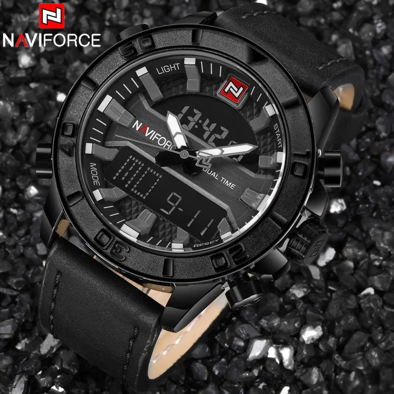 NAVIFORCE бренд часы для мужчин спортивные цифровые Человек Кожаный ремешок