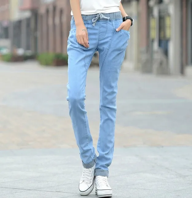 light blue Джинсы с эластичной резинкой на талии, женские повседневные свободные штаны-шаровары, модные джинсы больших размеров 26-34 - Цвет: light blue
