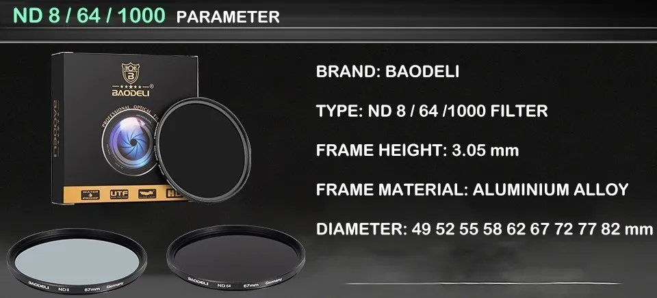 Фильтр нейтральной плотности BAODELI Nd1000 64 8 Concept 49 мм 52 мм 55 58 62 67 мм 72 77 мм 82 мм для объектива камеры Canon Nikon sony