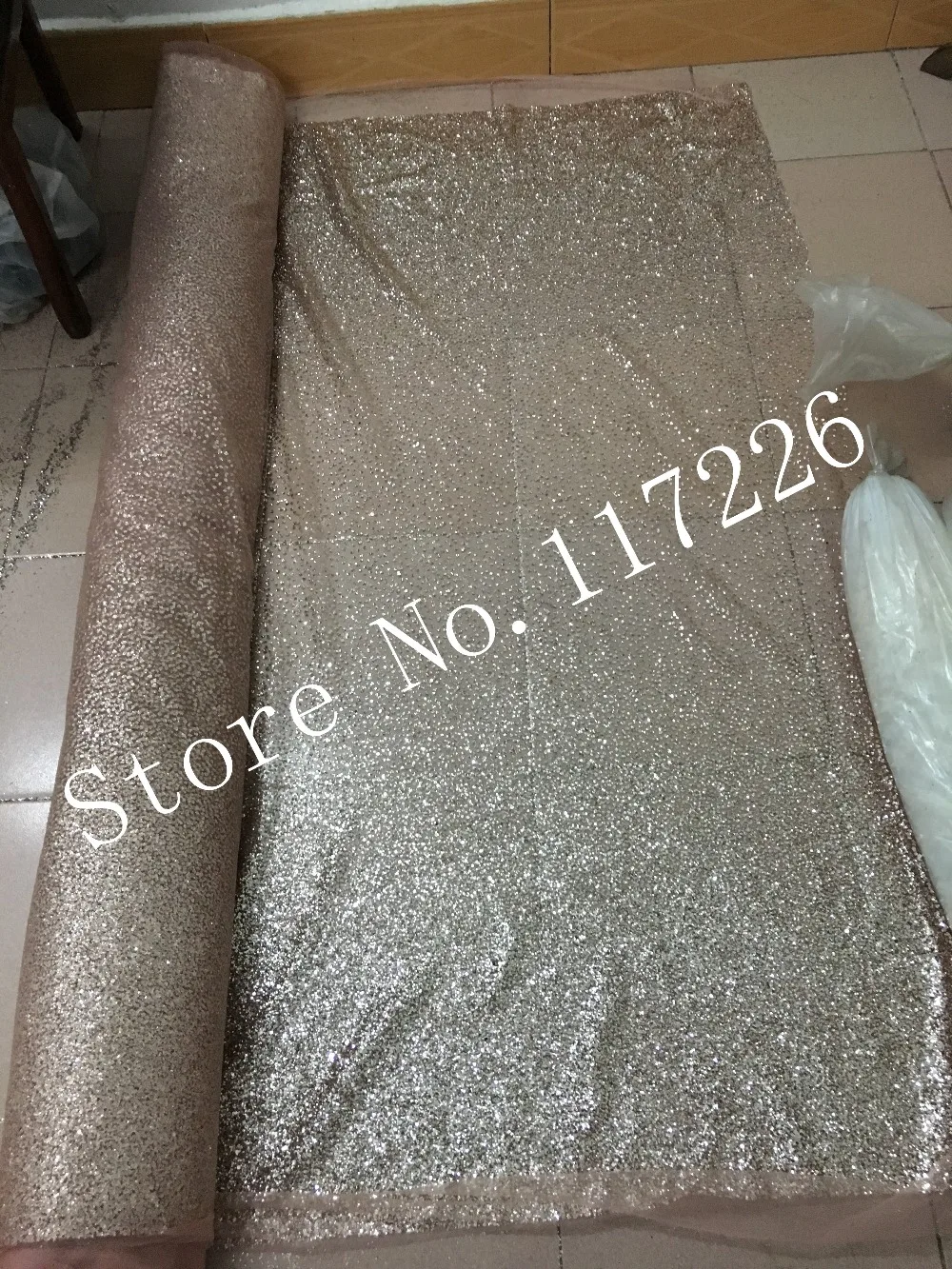 Rose gold color shining glued glitter sequins lace fabric african tulle mesh for wedding dress/evening dress | Дом и сад