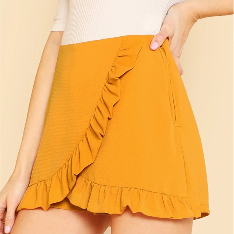 SHEIN Ассиметричная Юбка Шорты Женские Желтые Летние Повседневные Шорты С Оборками И На Молнии