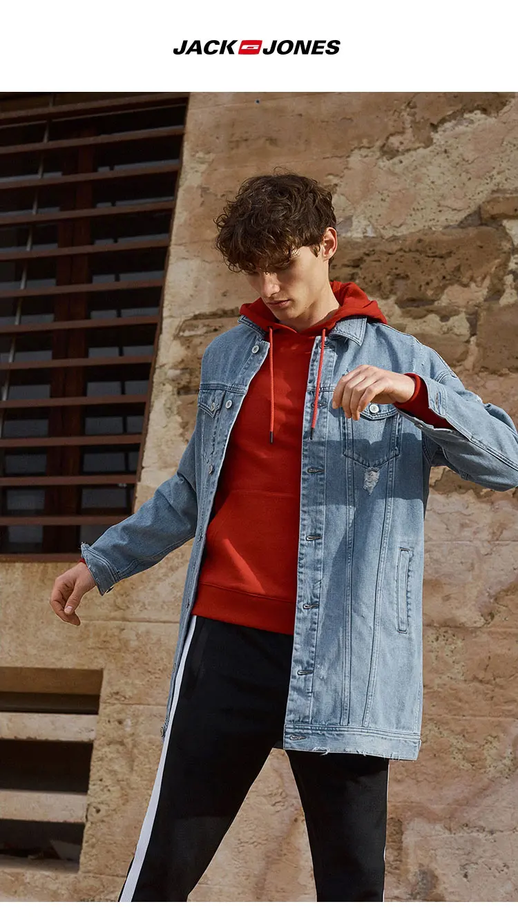 JackJones мужской хлопок средней длины рваные джинсовые пальто Длинная Куртка 219157527