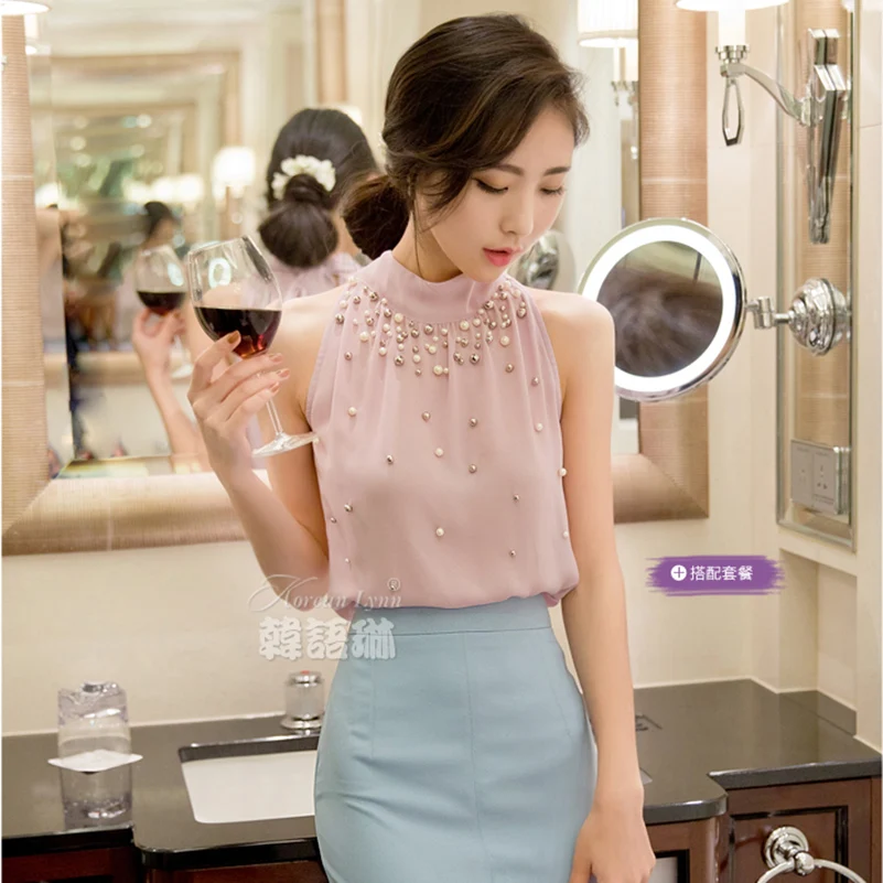 HLGO Women Korean summer sweet strapless halter neck thin fashion sexy chiffon shirt |
