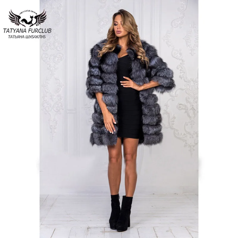 

Tatyana 2021 Silver Fox Fur Coats For Ladies Hot Sell Winter Warm Soft Fox Fur Coat Full Pelt Fox Fur Outwear With Round Collar