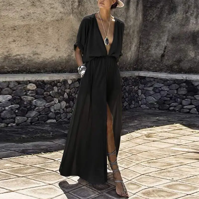 Sexy Deep V-Neck Women Dress Solid Half Sleeve Split Elegant Ladies Loose Party Vestidos Black Grey S-3XL | Женская одежда