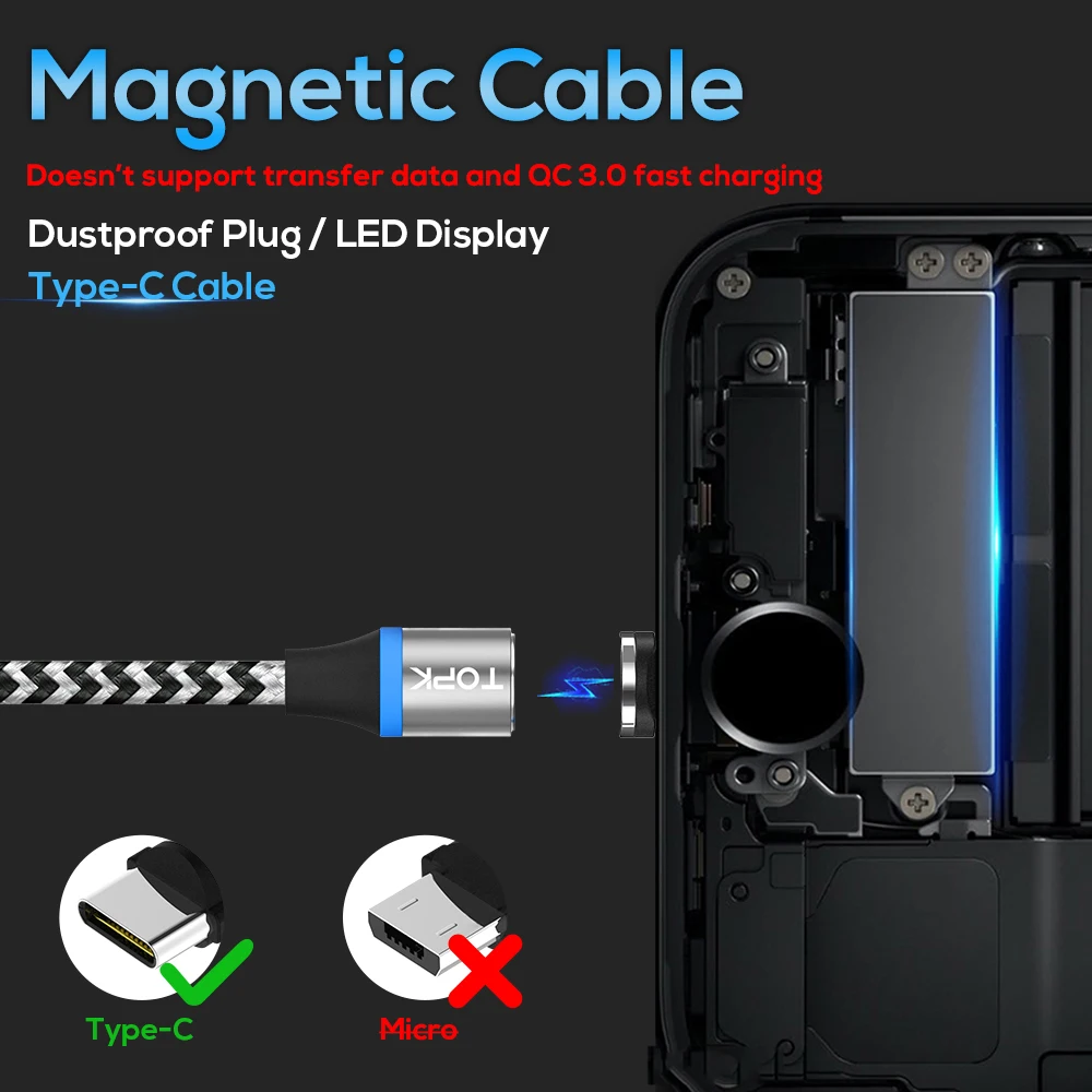 TOPK R Line3 светодиодный магнитный кабель usb type C для XiaoMi Redmi Note7 samsung Galaxy S9 USB Магнитный