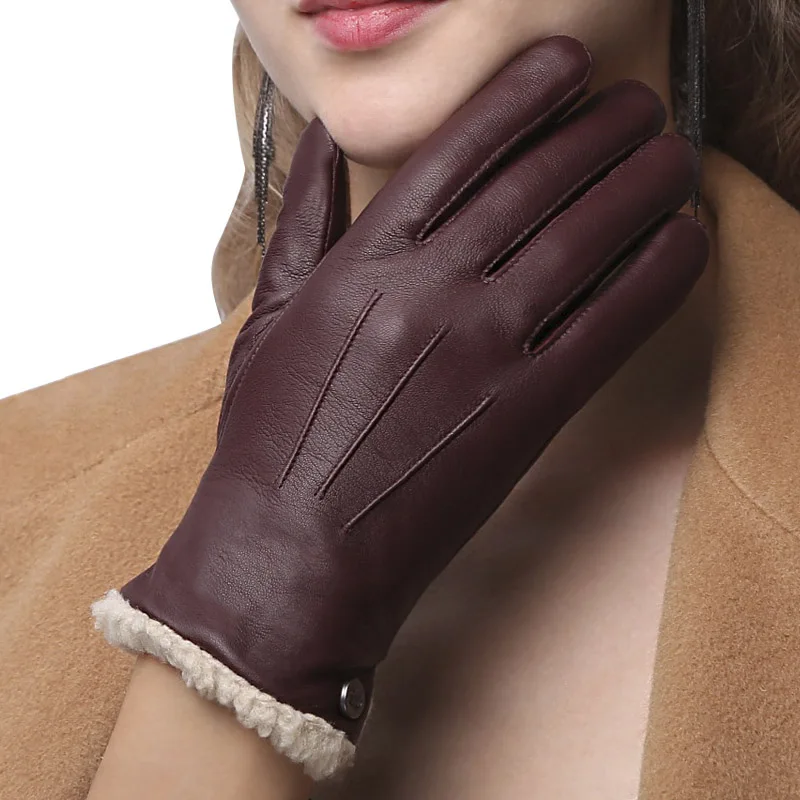 

High Quality Genuine Leather Women Gloves Autumn Winter Plus Velvet Fashion Slim Hand Warm Sheepskin Gloves Female NW181-55
