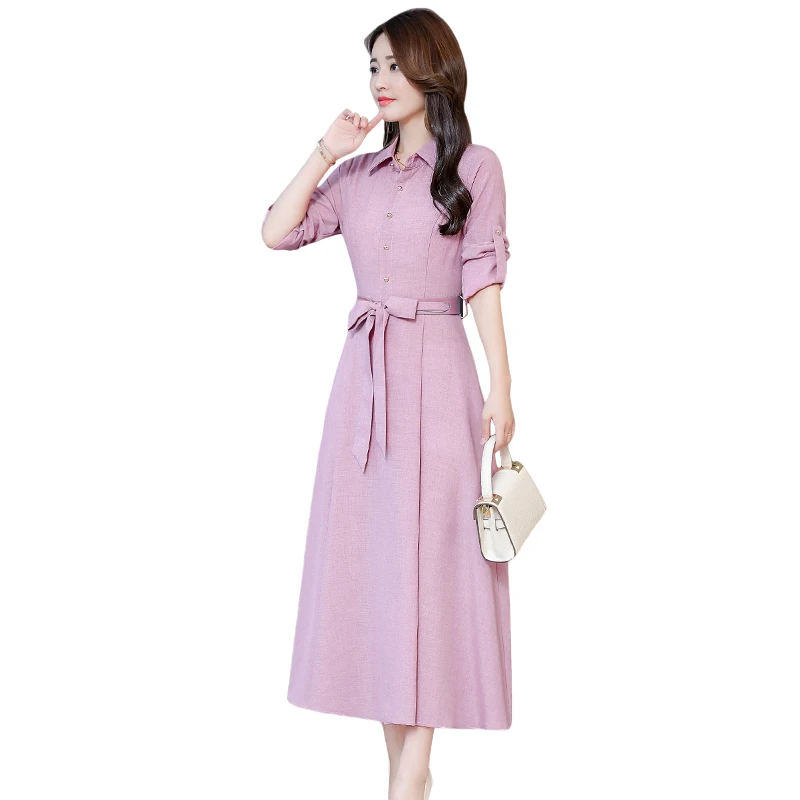 

New Cotton and linen Long sleeve dress 2019 spring clothing Large size women dresses high quality elegant long dress trend 1143