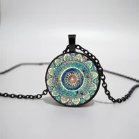 mandala flower glass pendant necklace retro buddhist chakra glass round pendant necklace charm convex round pendant necklace