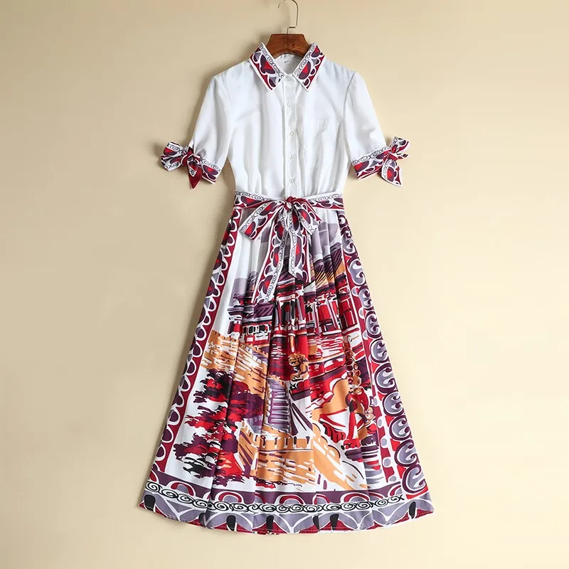 

Women Runway Dress 2019 High Quality Summer Turn Down Collar Short Sleeve Patchwork Printed Shirt Dresses Casual Dress NP0695N