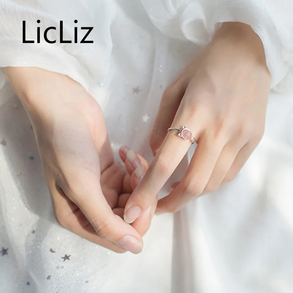 Фото LicLiz новые 925 пробы серебряные кошечки для женщин розовый клубничный кварц милые животные Белое золото открытое регулируемое кольцо LR0698 №5