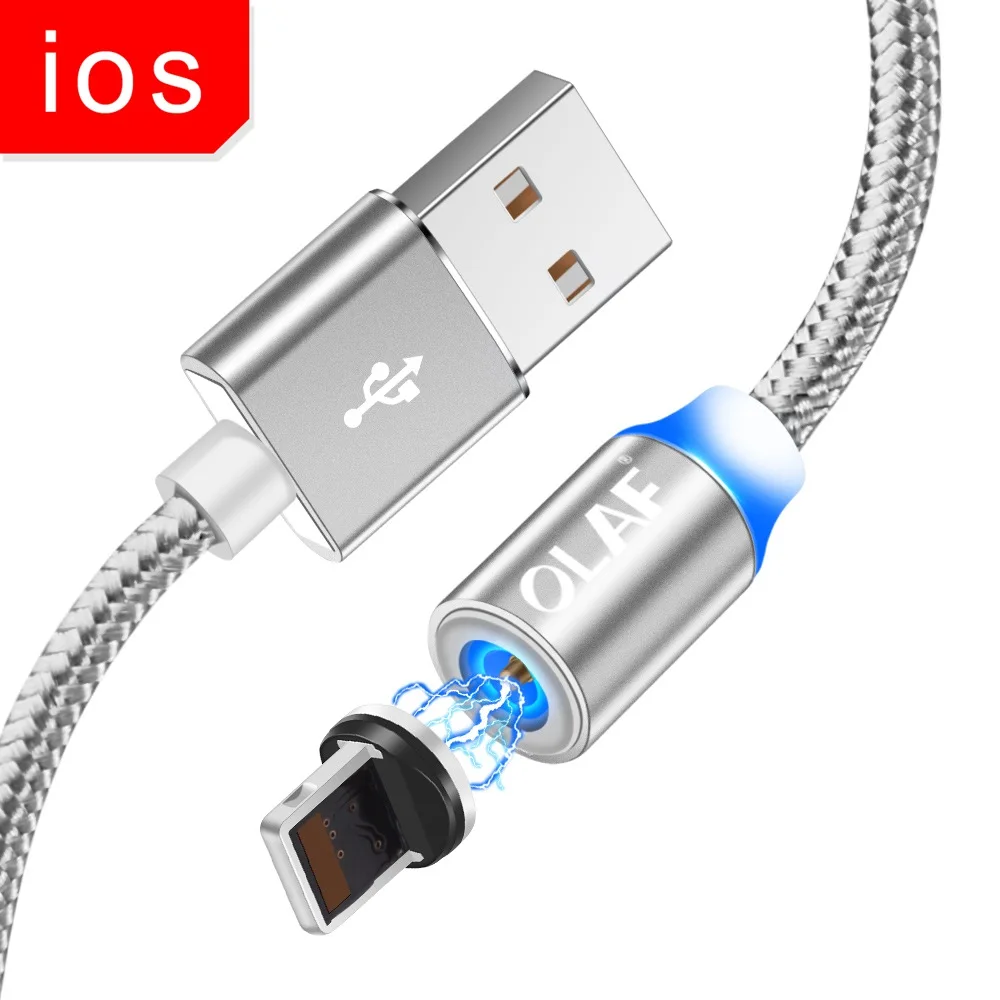 OLAF 1 м СВЕТОДИОДНЫЙ Магнитный зарядный кабель Micro USB для iPhone X XR XS Max Быстрая зарядка usb type C для Xiaomi кабель зарядный провод шнур - Цвет: Silver IOS