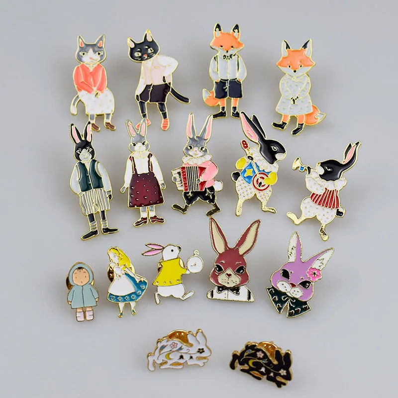Pins and brooches Rabbit/Fox/Cat couple enamel pin Badges Hat Backpack Accessories Lovers jewelry Gift for lover | Украшения и