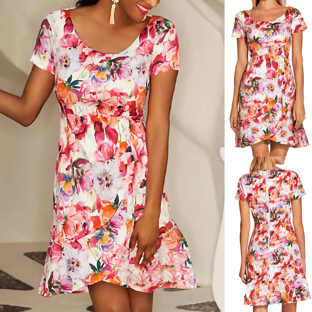 Летние Для женщин с цветочным принтом О образным вырезом коротким рукавом