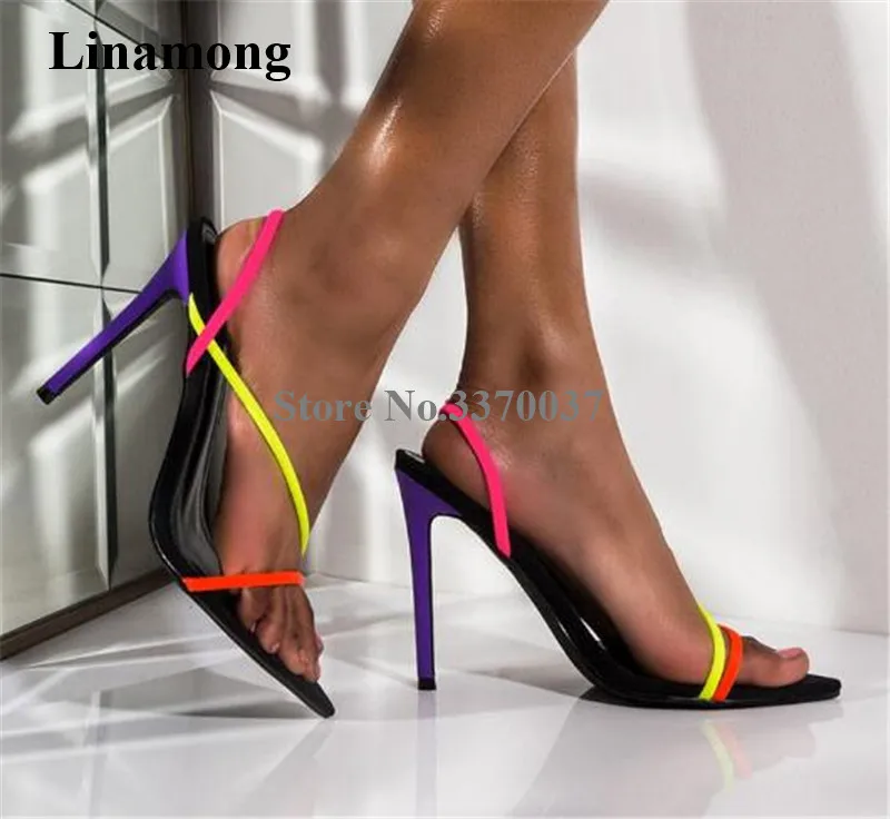 

Ladies Charming Pointed Open Toe Thin Mixed-colors Straps Stiletto Heel Sandals Sexy Slip-on High Heel Sandals Dress Heels Shoes
