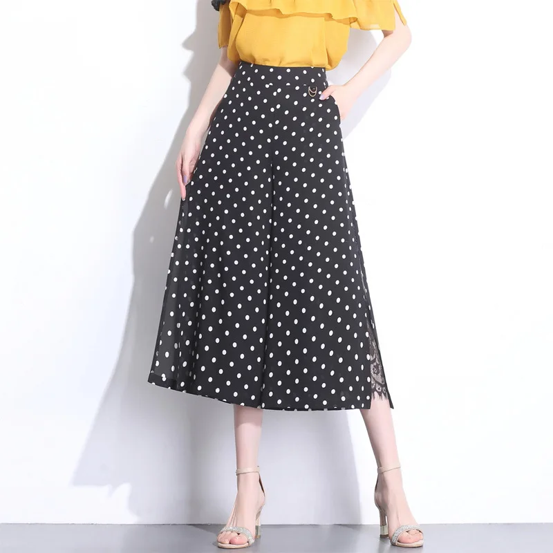 

Lace stitching chiffon wide leg pants women 2019 summer new seven pants high waist comfortable sexy trousers pants