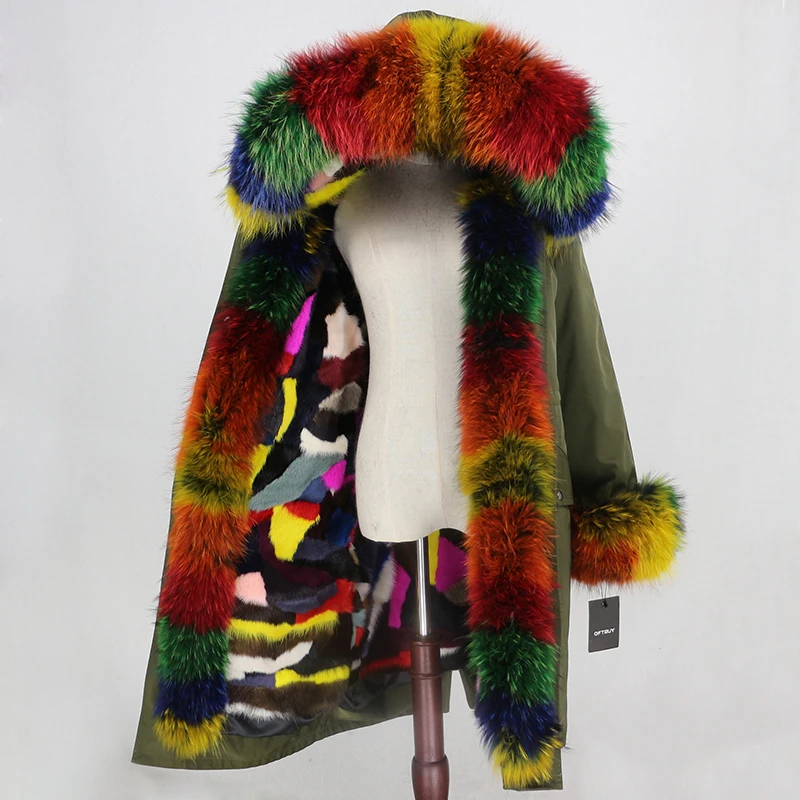 green multi OFTBUY X-long Parka водонепроницаемая верхняя одежда зимняя куртка женская шуба из натурального меха енота Капор из норки съемная меховая подкладка - Цвет: green multi