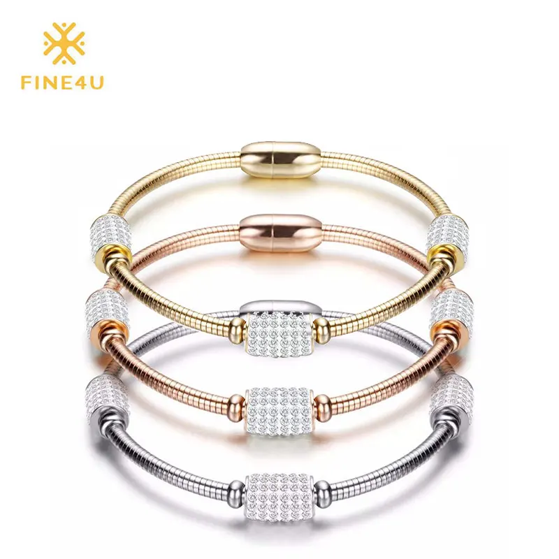 

FINE4U B111 Fashion Zircons Love Snake Chain Bracelet & Bangle 316L Stainless Steel Charm Bracelets Magnet Clasps Bracelets
