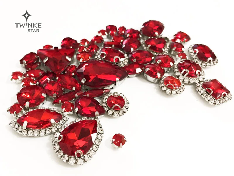 Red color Mix shape mix size Crystal buckle+claw rhinestone Silver base galss sew on stones diy/Clothing accessories 50pcs/pack | Дом и сад