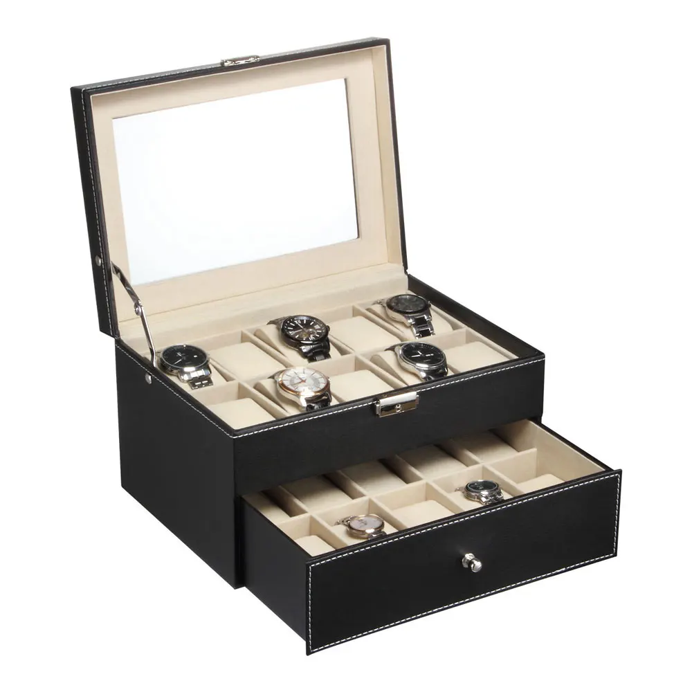 20 Girds Dual Layers PU Leather Watch Box Case Elegant Wooden Collection for Clock Watches Jewelry Boxes Display | Наручные часы