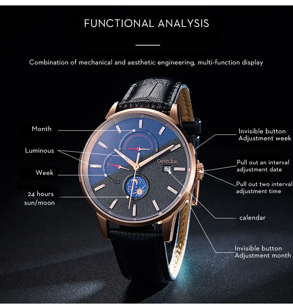 Bestdon Мужские Спортивные механические часы Роскошные автоматические Moon Phase часы водонепроницаемые кожаные повседневные Лидирующий бренд Relogio Masculino