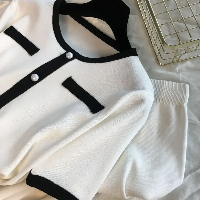 ALPHALMODA вязаный костюм с круглым вырезом и короткими рукавами+ широкие брюки, двухсекционный костюм, женские летние модные трикотажные брюки