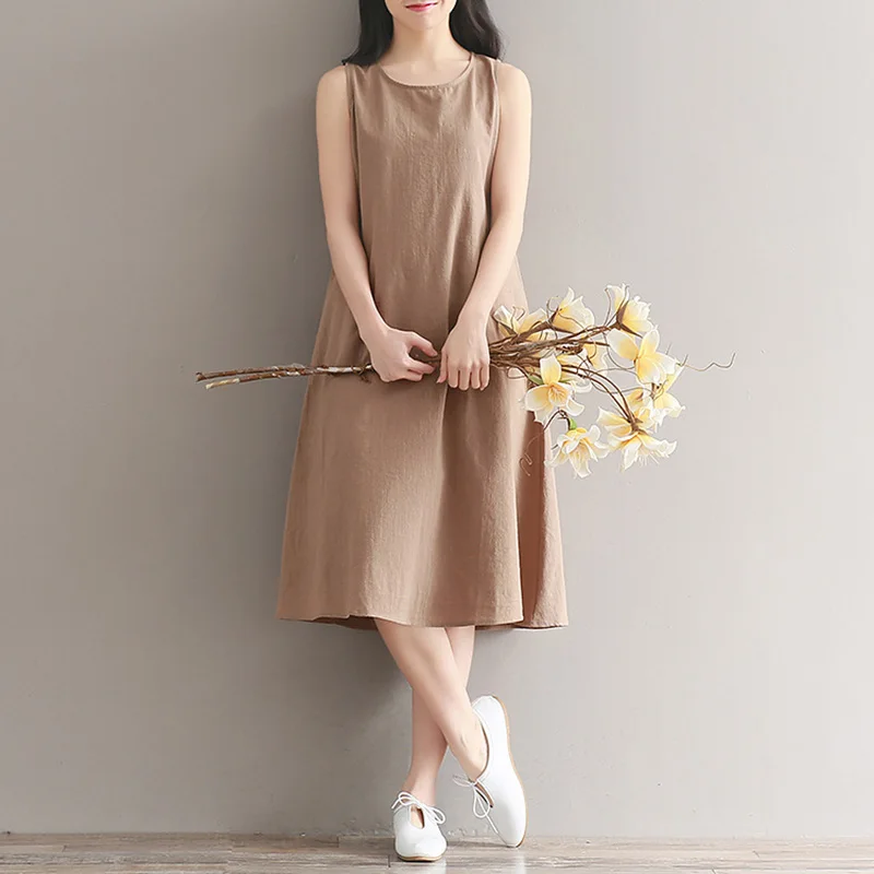 Plain Causal Dresses Womenu2019s Loose Short Midi Dress Lady Cotton Linen Sundress | Женская одежда