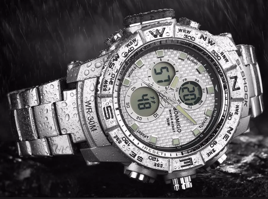 S-Shock мужские спортивные часы BOAMIGO брендовые аналоговые цифровые светодиодный электронные кварцевые часы со стальным ремешком 30 м Водонепроницаемые Relogio Masculino