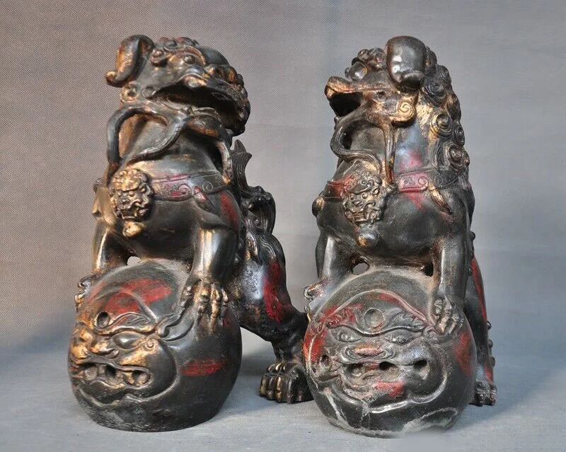 

wedding decoration China copper bronze Gilt brave troops Kirin Foo Fu Dog Guardion Lion statue Pair