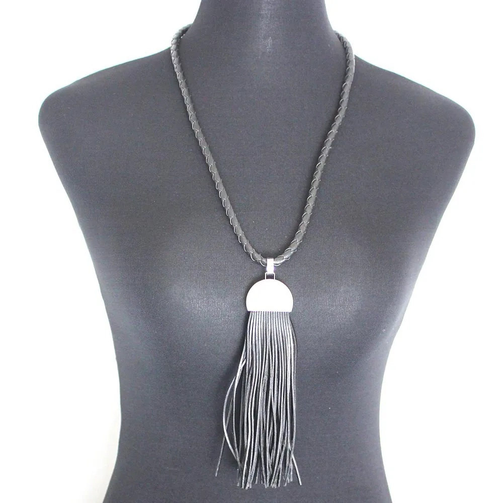 

2021 New Long Leather Tassel Necklace Women Black Punk Pendant Necklace Handmade Dress Accessories Party Dance Gift