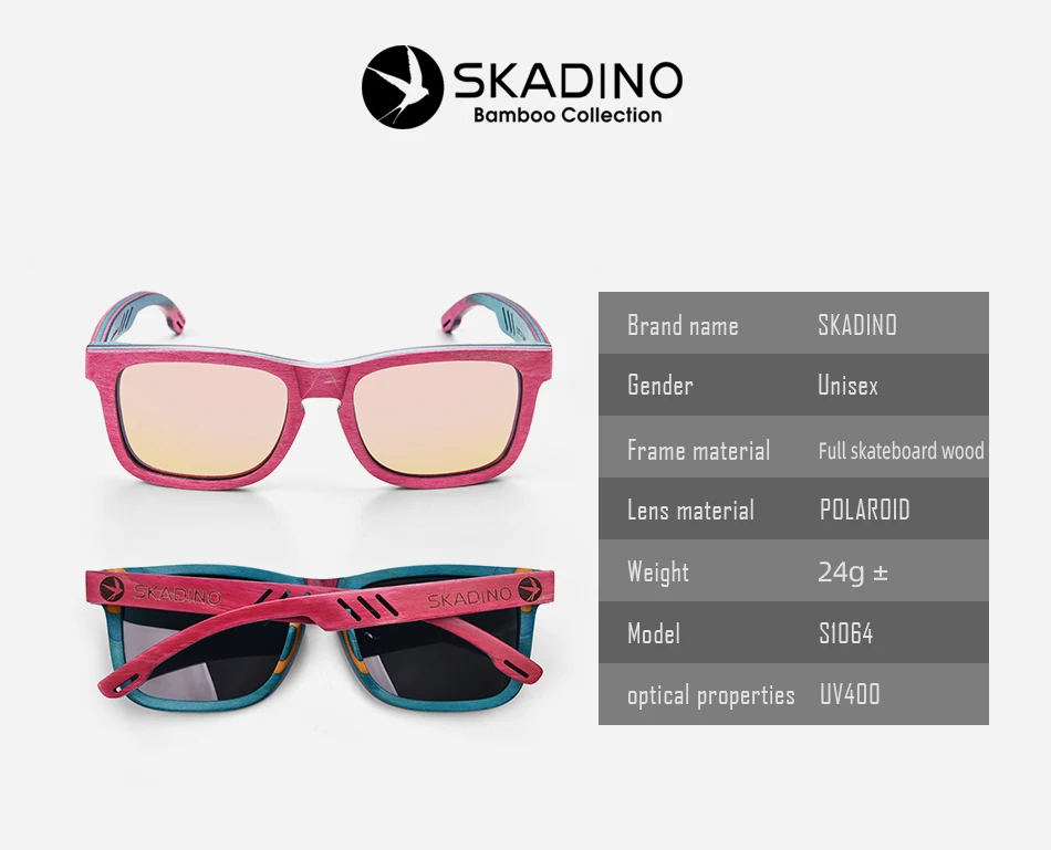 SKADINO бамбуковые деревянные солнцезащитные очки UV400 поляризованные солнцезащитные очки леди Скейтборд Мужские розовые линзы деревянные ручной работы крутой бренд