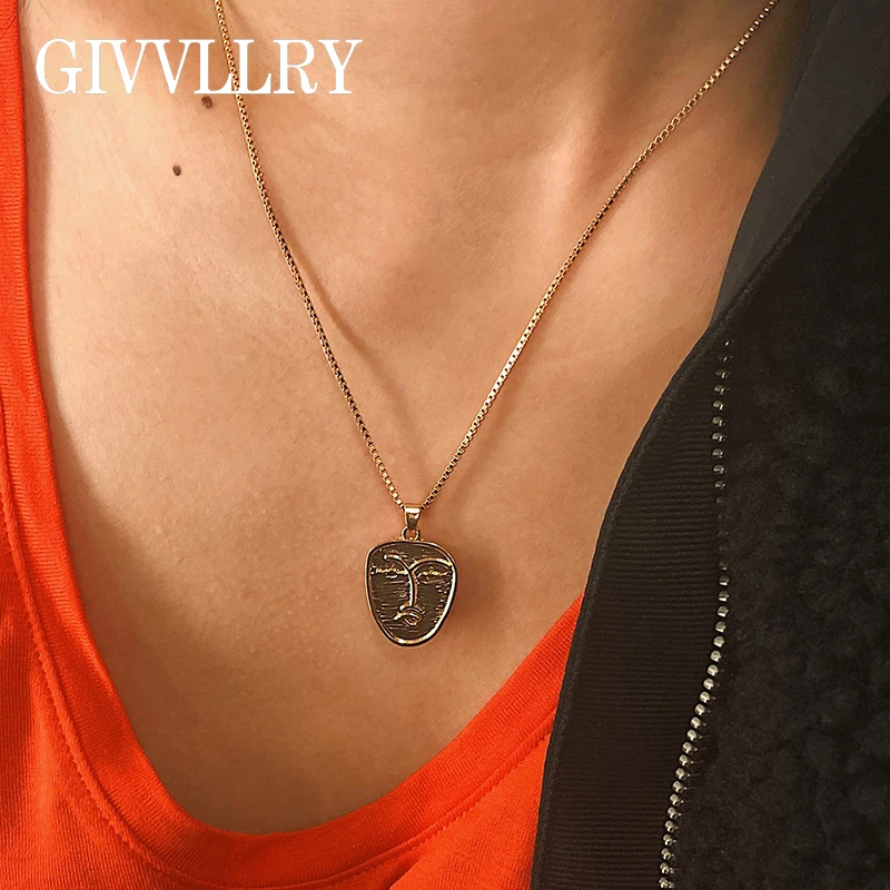 

Free Shipping Abstract Face Relief Pendant necklaces for Women Vintage Creative Geometric Sweater Chain Necklace Jewelry