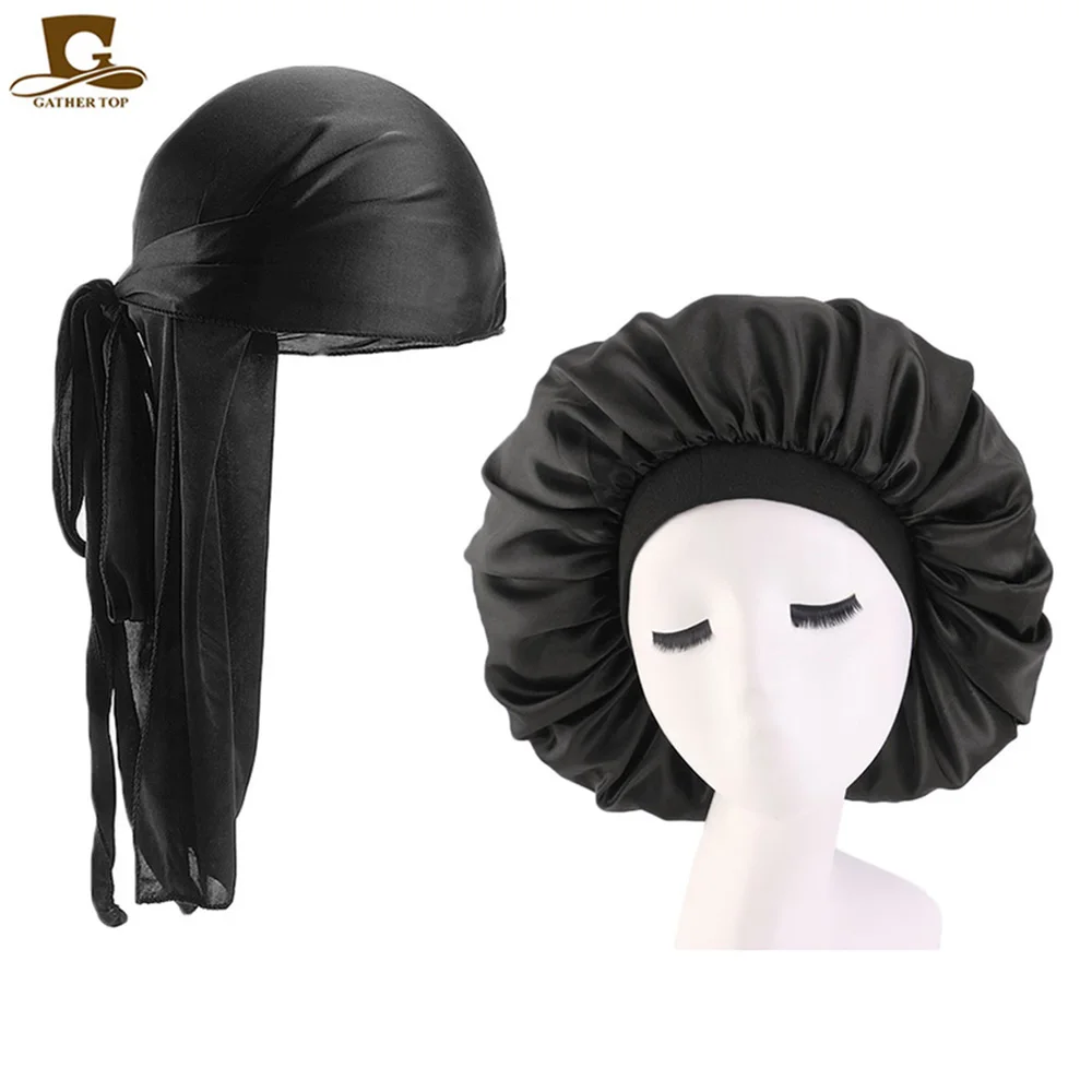 

Durags and Bonnets 2 pcs/sets Men Long Tail Silky Durag 42cm Extra Big Bonnet For Couple Comfortable Sleeping Cap