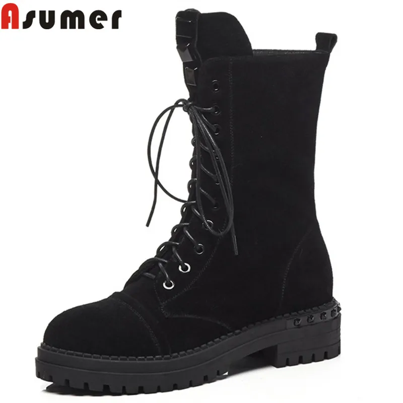 

ASUMER black fashion autumn winter boots round toe zip cross tied suede leather boots med heels ladies boots classic 2021 new