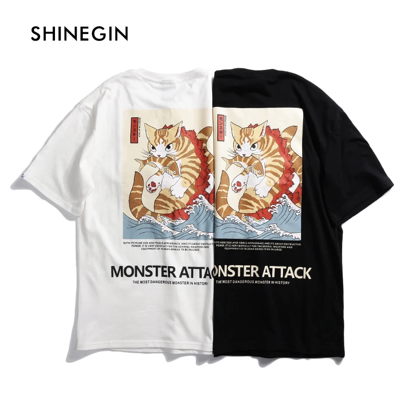 SHINEGIN Ukiyo E Cat Футболка Monster Attack для мужчин письмо футболка уличная 2019 Harajuku Хип Хоп
