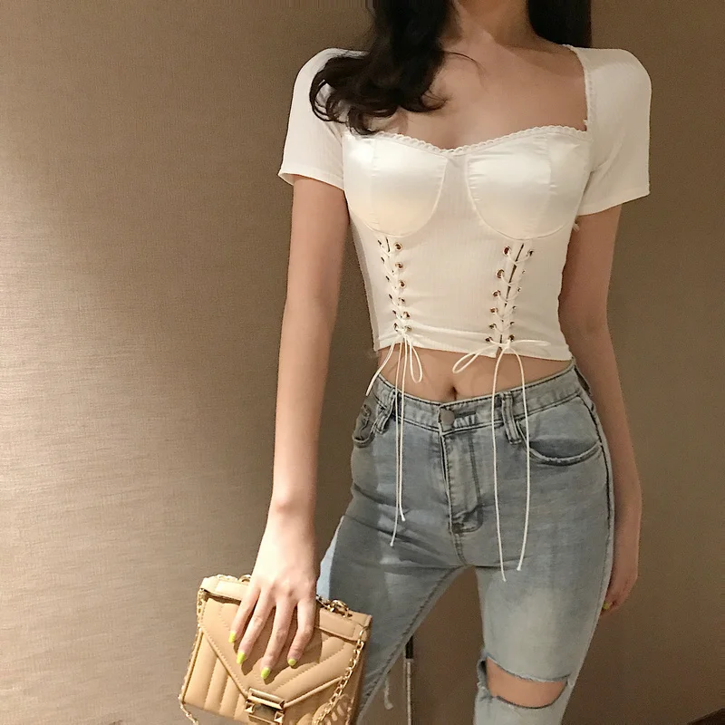 Moda Feminina Punk Style T Shirts White Black Summer Women Fashion Brand Tshirt Female Slim Crop Top Basic Lace Tees Korean | Женская