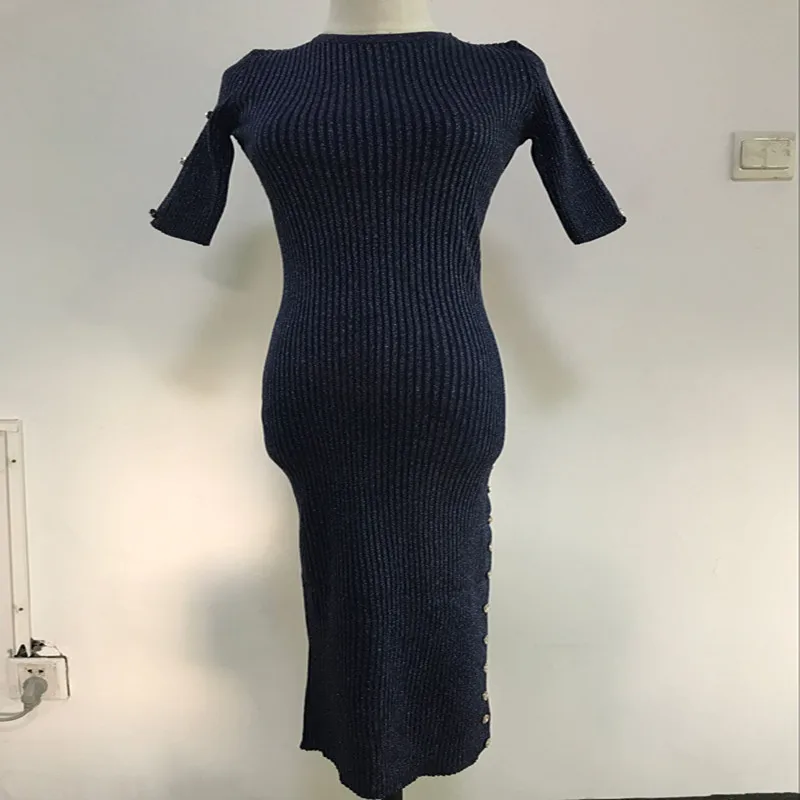 2017 Women Sexy Sparkling Half Sleeve Knitting Dresses Fashion Woman Side Splits Buttons Maxi Dress Vestidos | Женская одежда