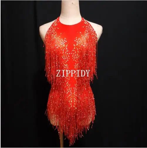 Fashion Purple Red Fringes Rhinestones Bodysuit Dance Show One-piece Sexy Costume Leotard Female Singer clothing