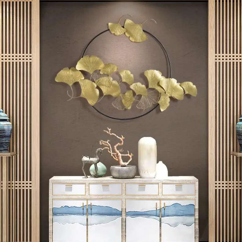 

Modern Wrought Iron Ginkgo Wall Hanging Decoration Crafts Home Livingroom Wall Mural Pendant Hotel Corridor Wall Sticker Artwork