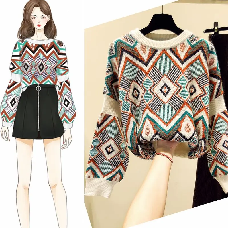 Ins lazy sweater O-Neck geometric Pullovers loose Knitted Shirts Long Flare Sleeved High Waist tops | Женская одежда
